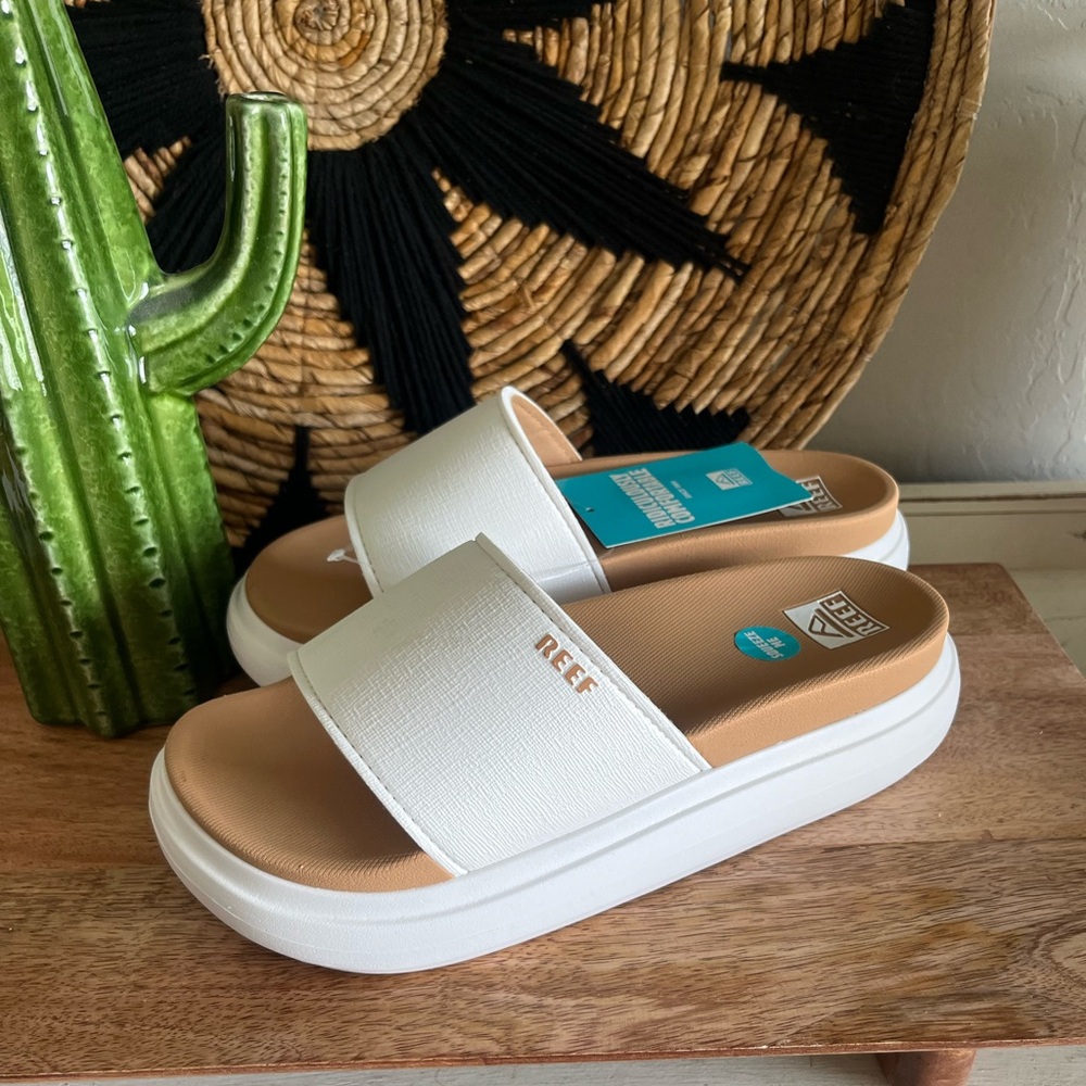 Reef Tan and White Platform Slide Sandals